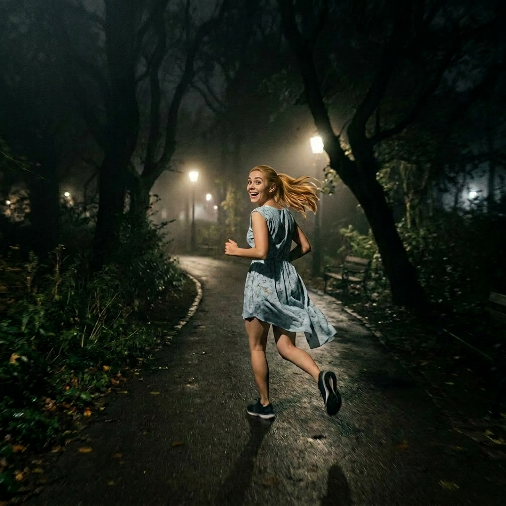 Woman jogging on a park path at night glancing backward