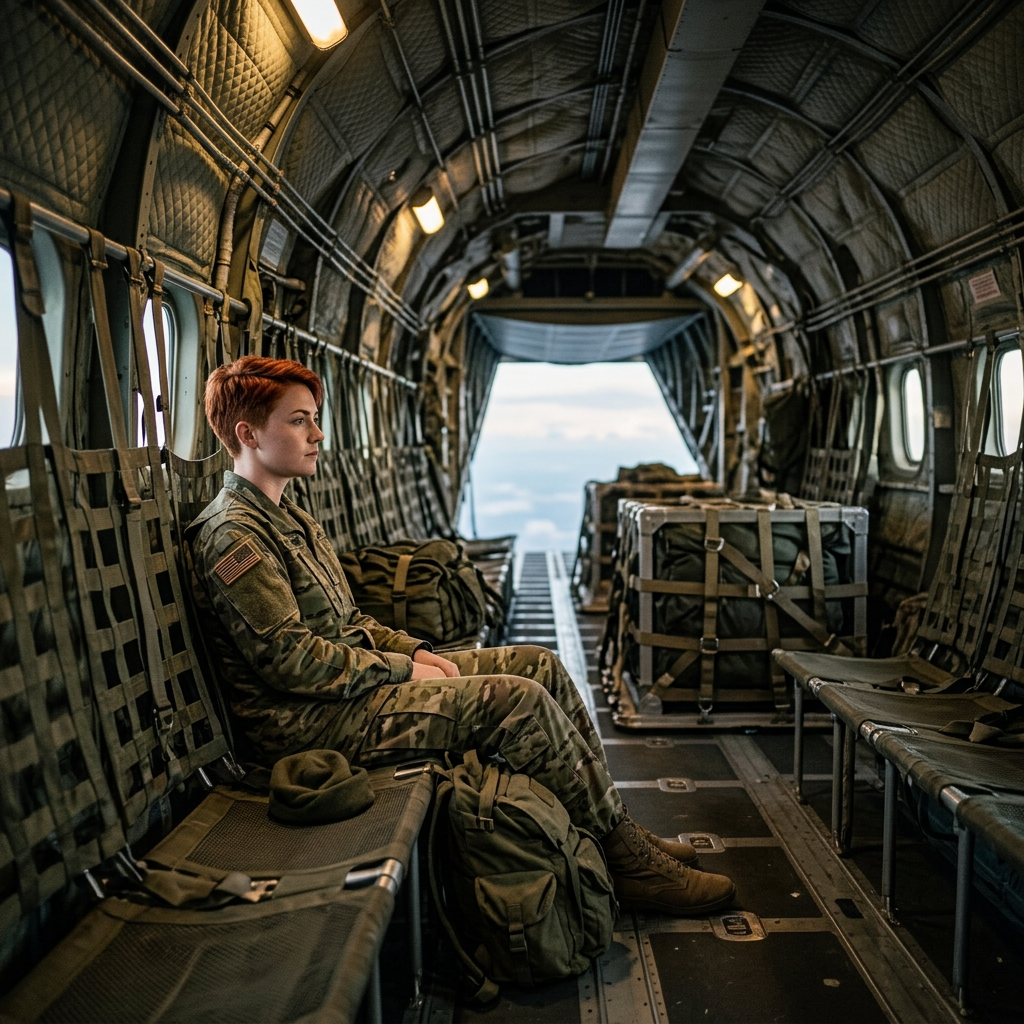 Soldier in camouflage uniform sitting inside military cargo plane with supplies and parachute seats